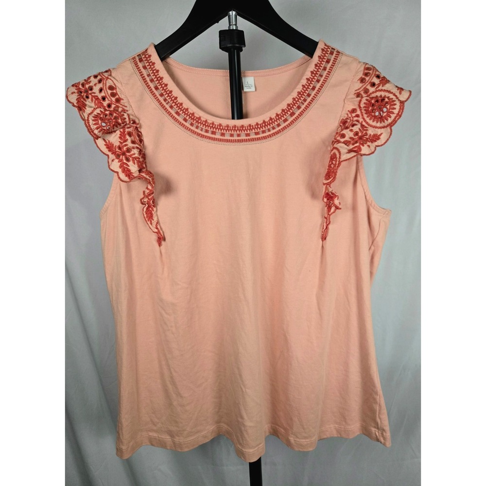 Peach Embroidered Flutter Sleeve Top Size Large Boho Floral Lace Trim Cotton